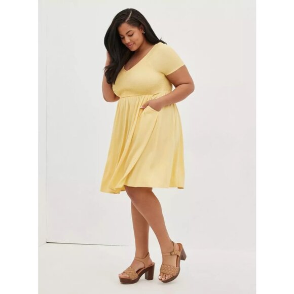 Torrid Mini Challis Smocked Skater Dress in Butter Yellow - Picture 5 of 13